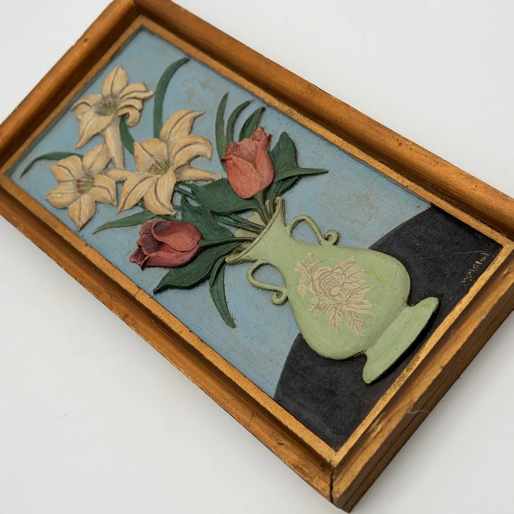 Vintage W. M. Glad Signed 3D Floral Bas-Relief Wood Plaque Art Gold Tone Frame